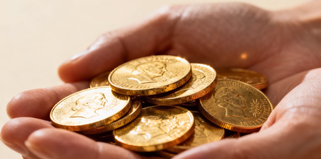 Mains tenant des pièces d'or brillantes