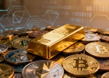 Barre d'or et pièces de crypto-monnaie