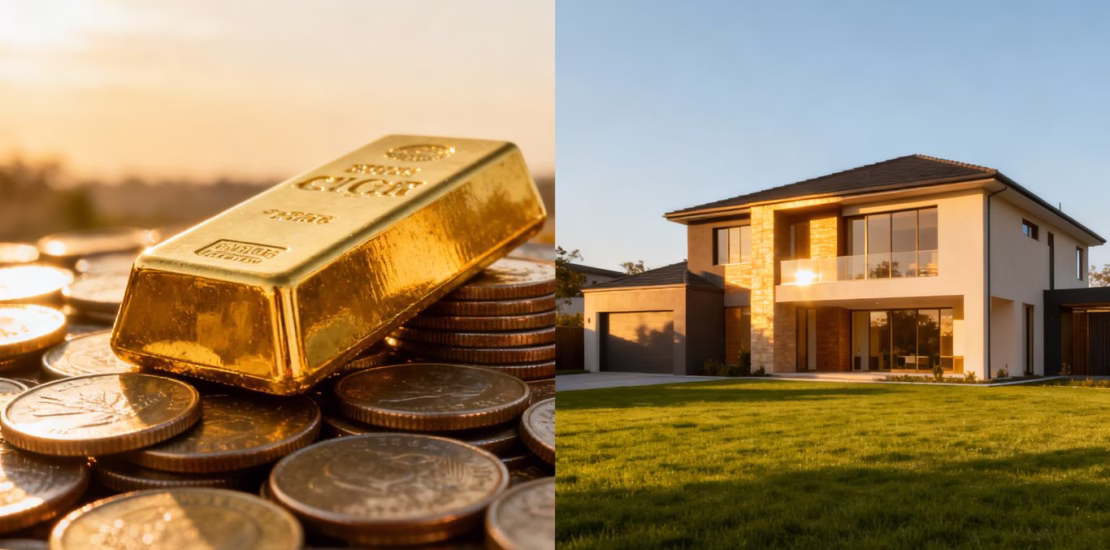 Or et immobilier : comparaison visuelle d'un lingot et d'une maison.