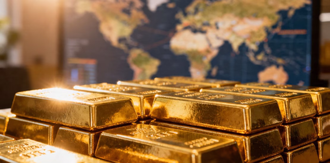 Lingots d'or brillants sur fond flou de carte du monde.