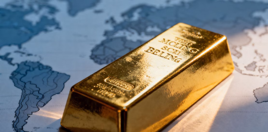 Lingot d'or sur fond de carte du monde floue.