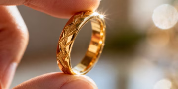 女人的手拿着一枚金戒指