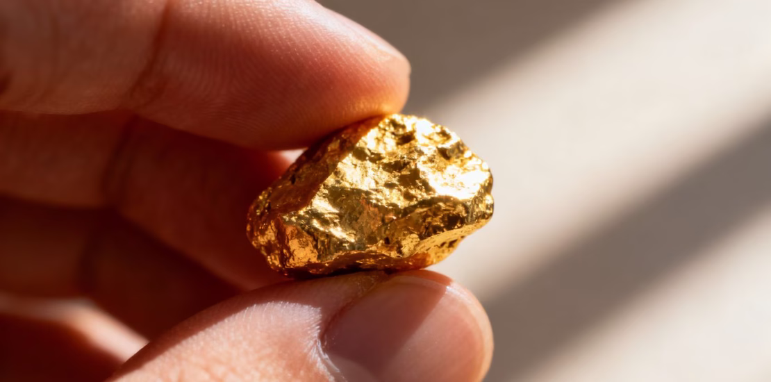 Main d'or tenant une petite pépite d'or.