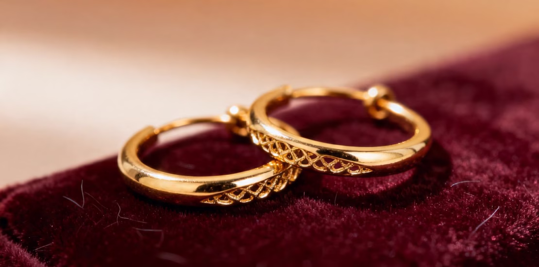 Boucles d'oreilles en or sur fond doux.