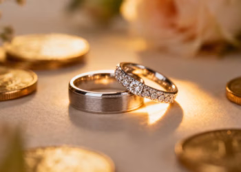 镶嵌金币的黄金结婚戒指。