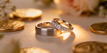 Gold wedding ring with gold coins.