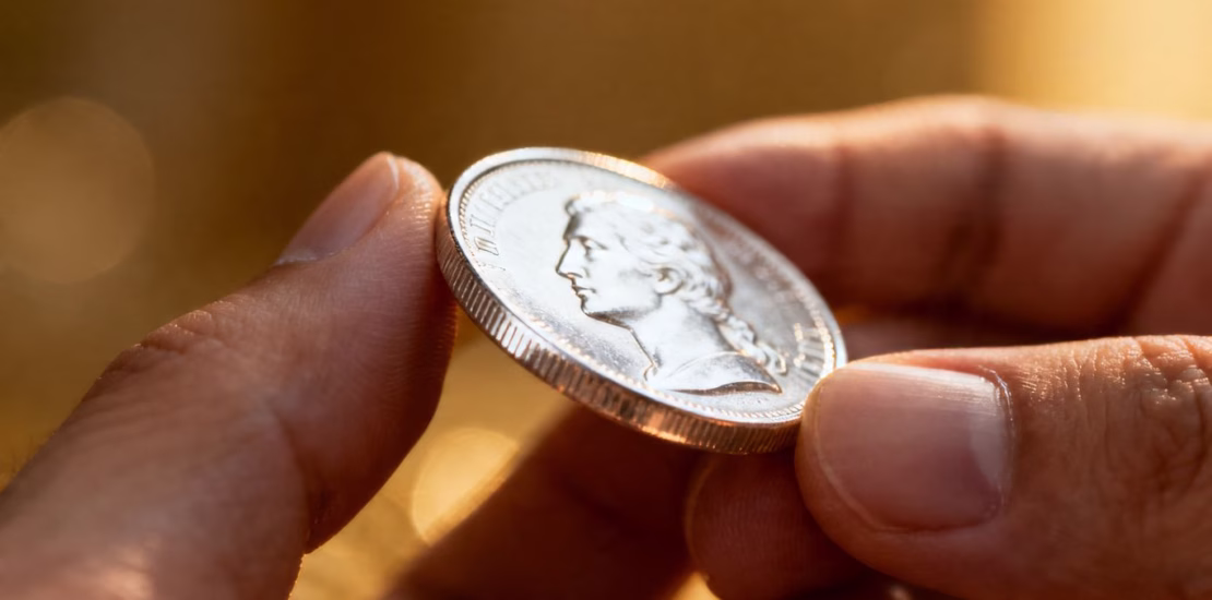 Main d'une personne tenant une pièce d'argent brillante.