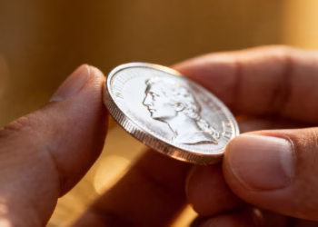 A person's hand holding a shiny silver coin.