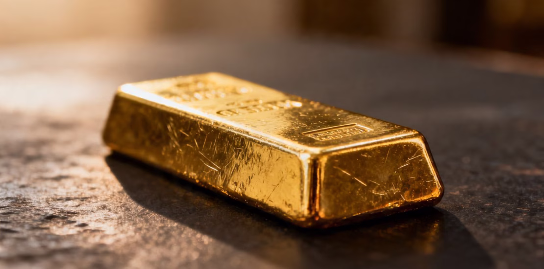 Lingot d'or brillant sur fond sombre.