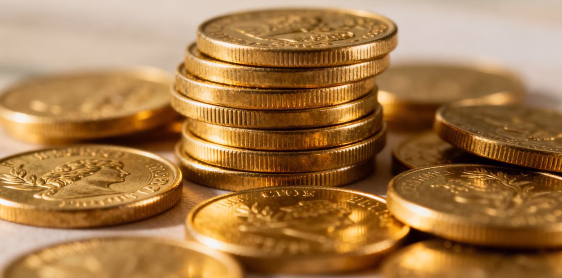 Collection de pièces d'or de collection, gros plan.