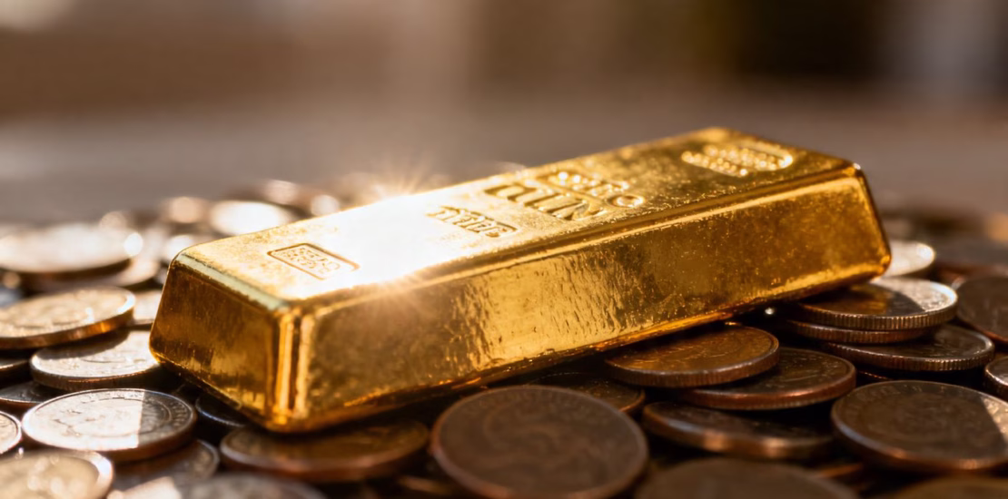 Lingot d'or sur des pièces, reflétant la lumière.