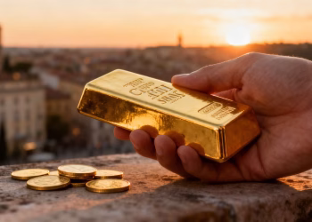 Main dorée tenant une barre d'or devant un paysage urbain.