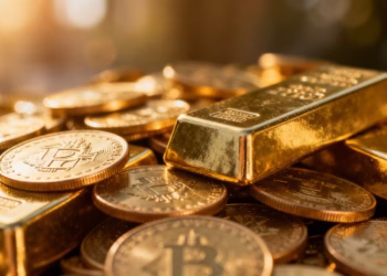 Lingots et pièces d'or brillants sous la lumière.