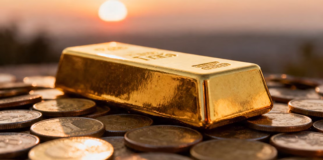 Lingot d'or sur des pièces, avec un soleil levant.