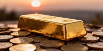 Gold ingot on coins, with a rising sun.