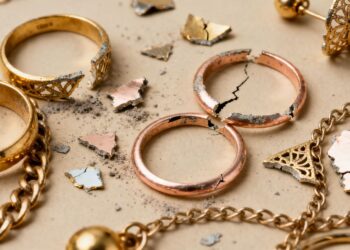 破碎的金饰，损坏部分的特写。