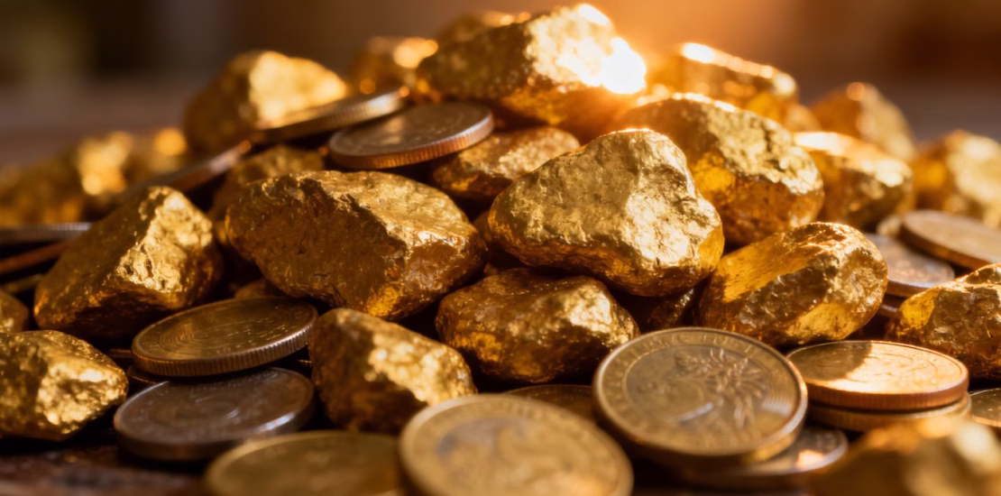 Lingots et pièces d'or brillants, symbolisant la richesse.