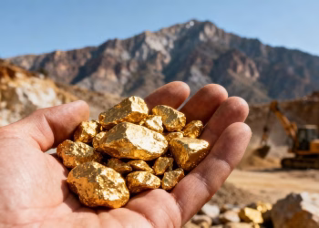Main d'or tenant des pépites d'or près des montagnes.