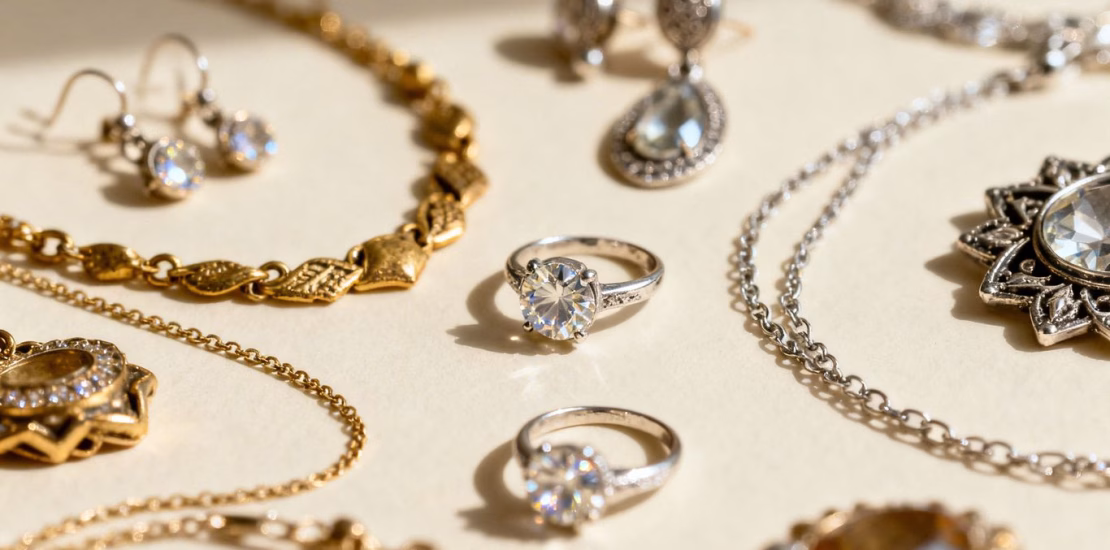 Bijoux d'occasion variés et scintillants sur un fond doux.