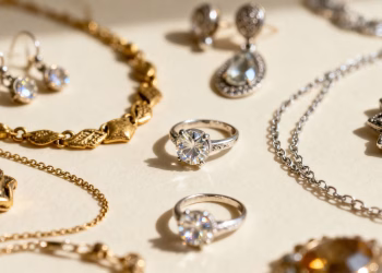 柔和的背景上摆放着各种闪闪发光的二手珠宝。