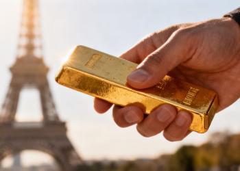 Main d'or tenant une barre d'or devant la Tour Eiffel.