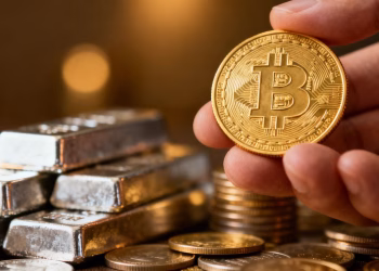 Main d'investisseur tenant une pièce d'or avec des lingots d'argent.