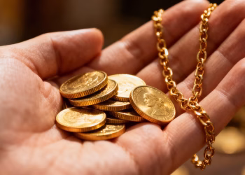 Main d'or tenant des pièces d'or et un collier