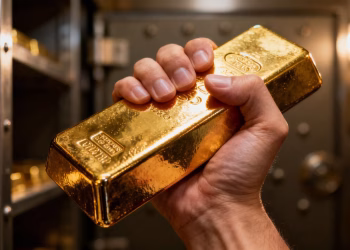 Main d'or tenant une barre d'or brillante.