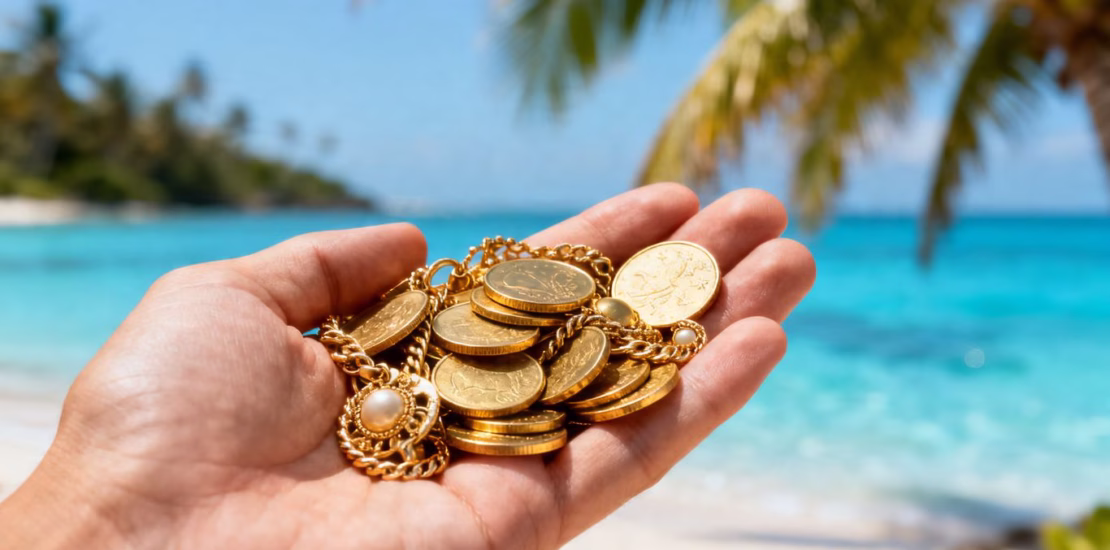 Main d'or tenant des pièces d'or, plage tropicale en arrière-plan.