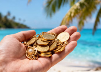 Main d'or tenant des pièces d'or, plage tropicale en arrière-plan.