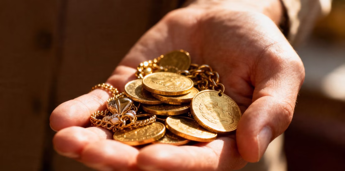 Main d'une personne tenant de l'or et des bijoux.