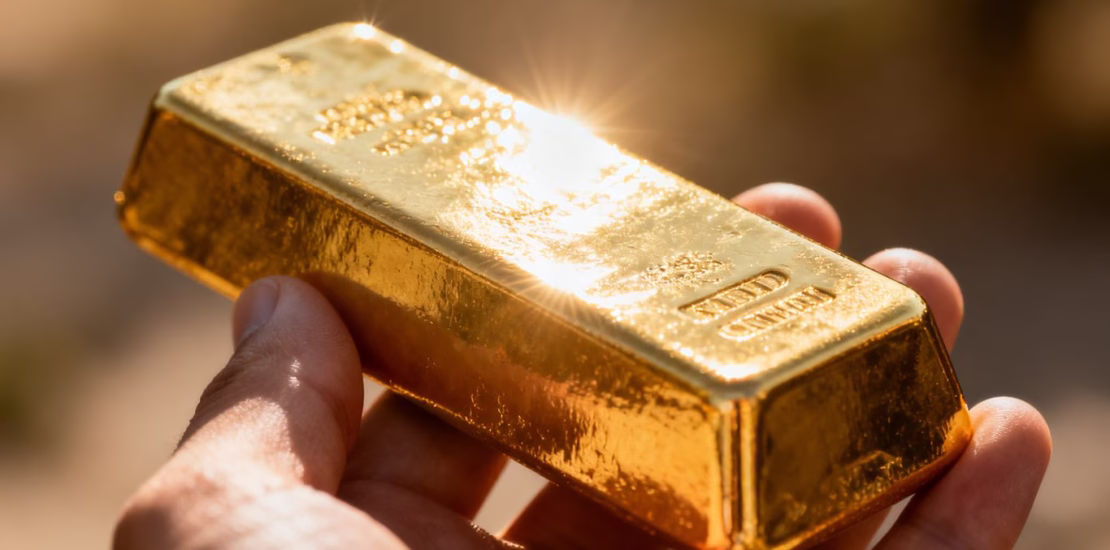 Main d'or tenant une barre d'or brillante.