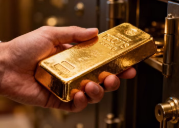 Barre d'or brillant dans une main