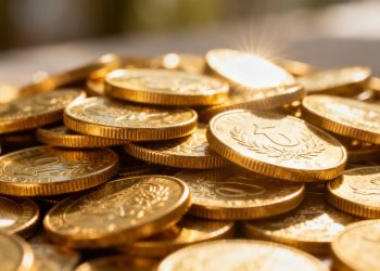 Pièces d'or brillantes empilées, gros plan photographique.