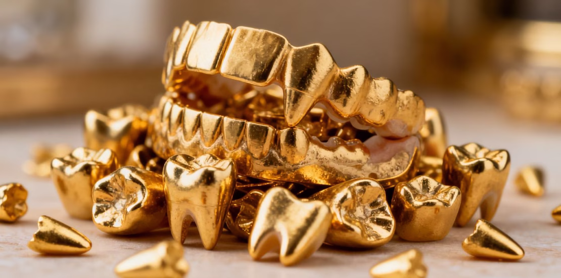 Or dentaire en gros plan, couronnes et dents en or.