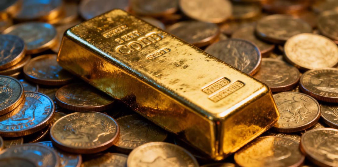 Lingot d'or sur des pièces d'or.