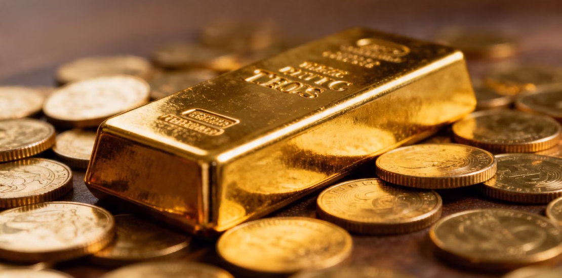 Lingot d'or sur des pièces d'or.