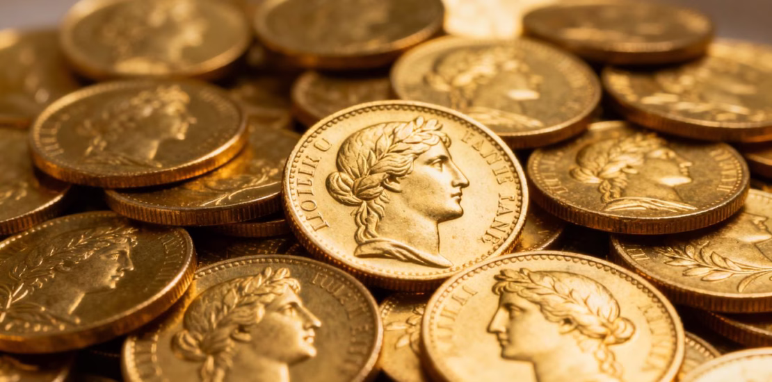 Pièces d'or françaises scintillantes, gros plan.