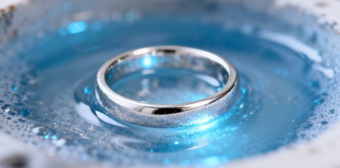 Bague en or blanc en cours de rhodiage.