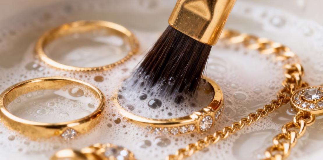 Nettoyage de bijoux en or avec une brosse et une solution.
