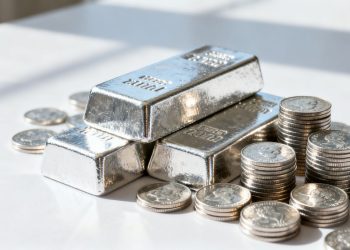 Lingots et pièces en argent sur une table lumineuse.