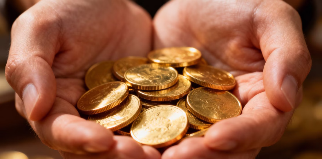 Mains tenant des pièces d'or brillantes, gros plan.