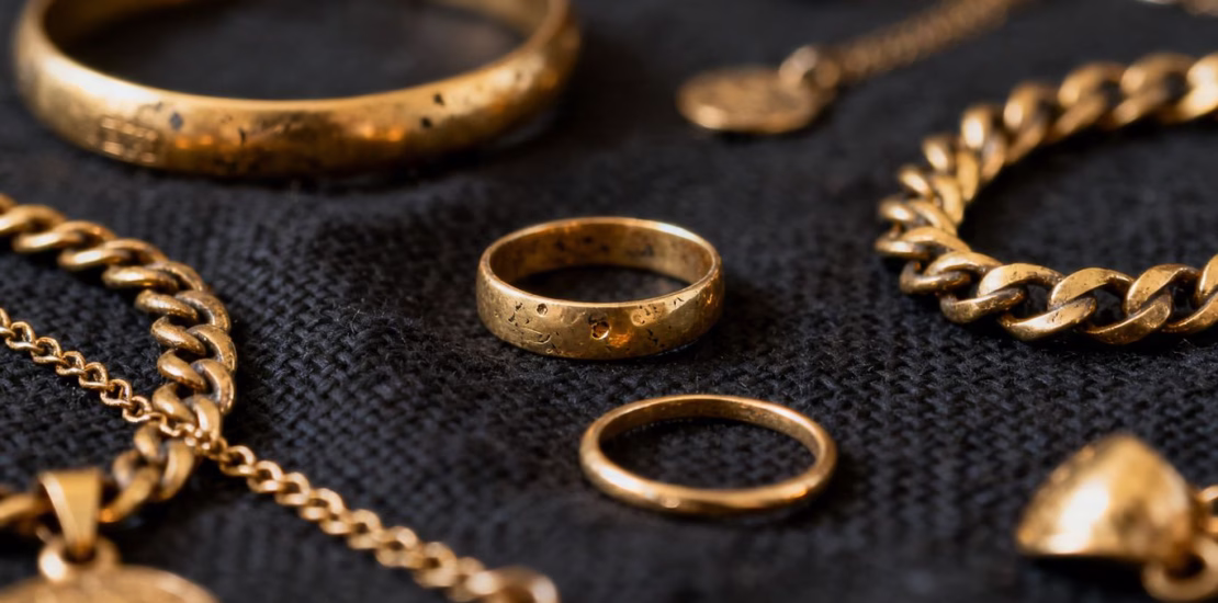 Bijoux en or divers sur fond sombre.