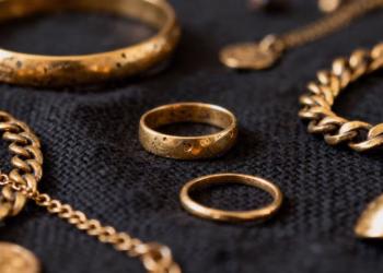 深色背景上的各种黄金首饰。