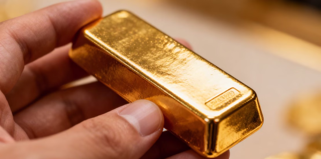 Main d'une personne tenant une barre d'or brillante.