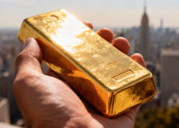 Main d'or tenant une barre d'or devant un paysage urbain flou.