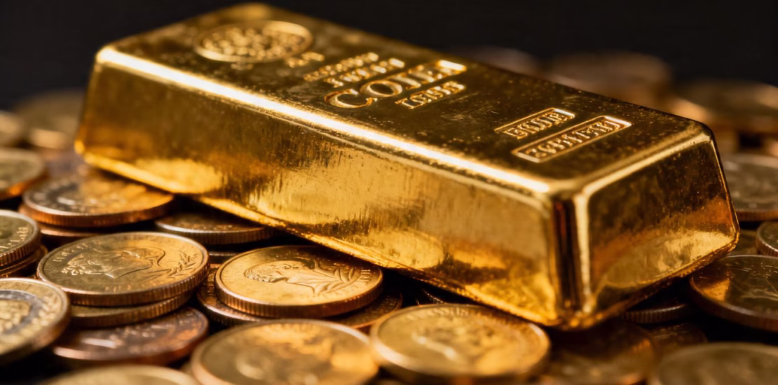 Lingot d'or sur des pièces d'or, symbole d'héritage et d'inflation.