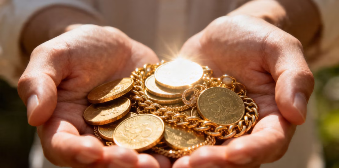 Mains tenant des pièces d'or et des bijoux pour financer un projet.