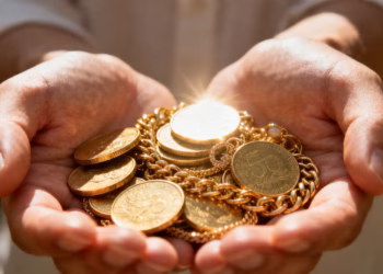 Mains tenant des pièces d'or et des bijoux pour financer un projet.
