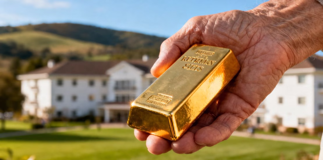 Main d'or tenant une barre d'or pour la retraite.